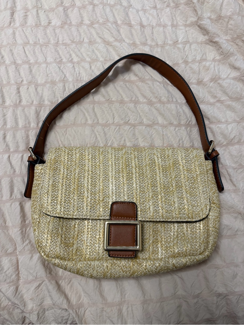 Woven Straw Shoulder Bag with Brown Leather Trim